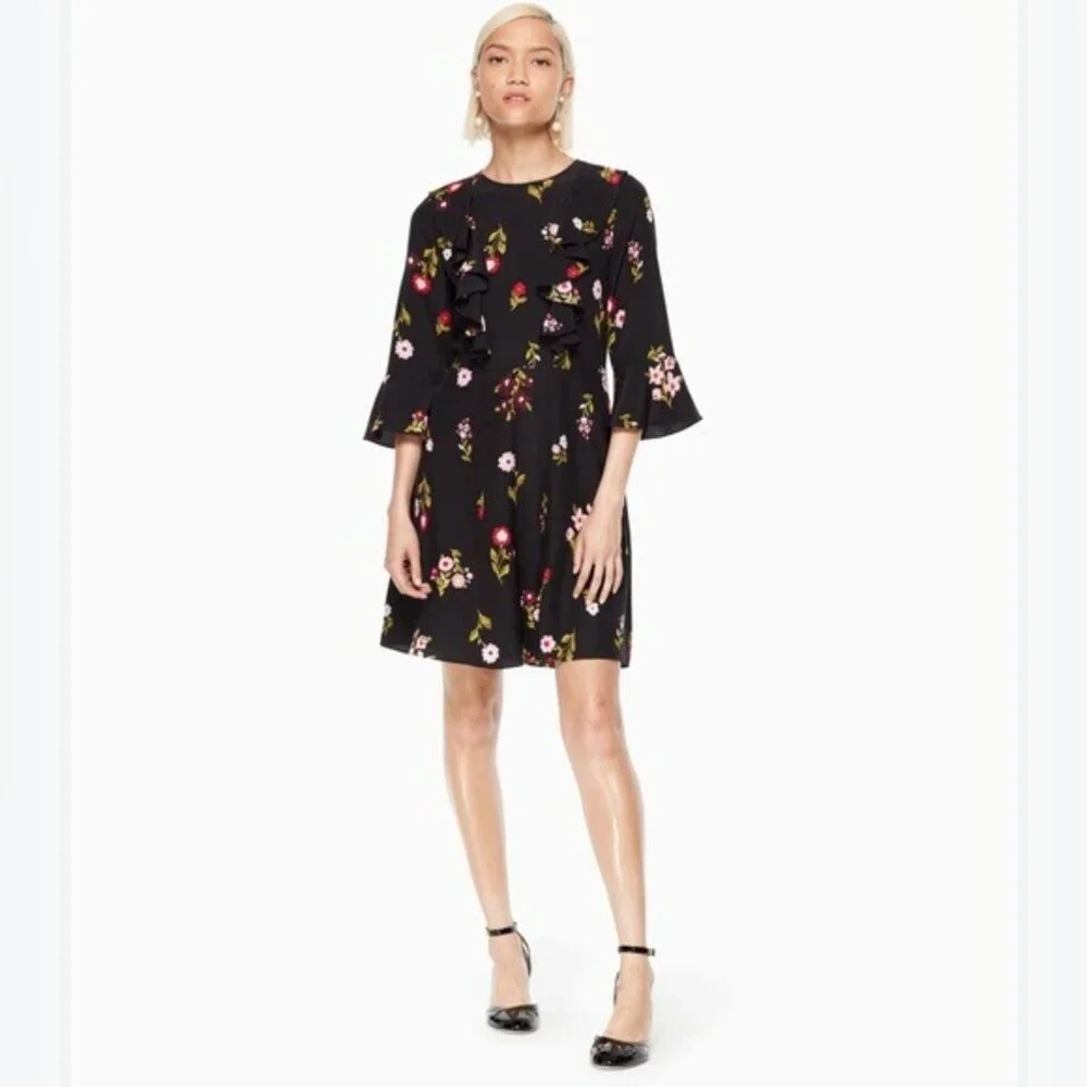 Kate Spade‎ 100% SILK In Bloom Ruffle Dress Women’s Size 2 Black Floral